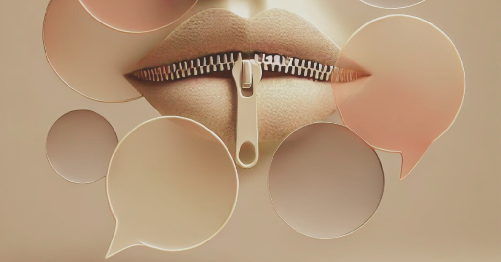 Close-up of muted lips with a zipper, surrounded by overlapping, softly colored speech bubbles in warm beige tones. The image symbolizes silence, unspoken truth, and the quiet strength of holding back words.