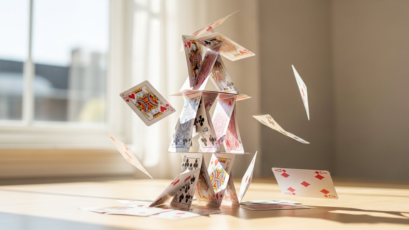A delicate tower of playing cards collapsing midair in a sunlit room, with cards falling away from the structure.