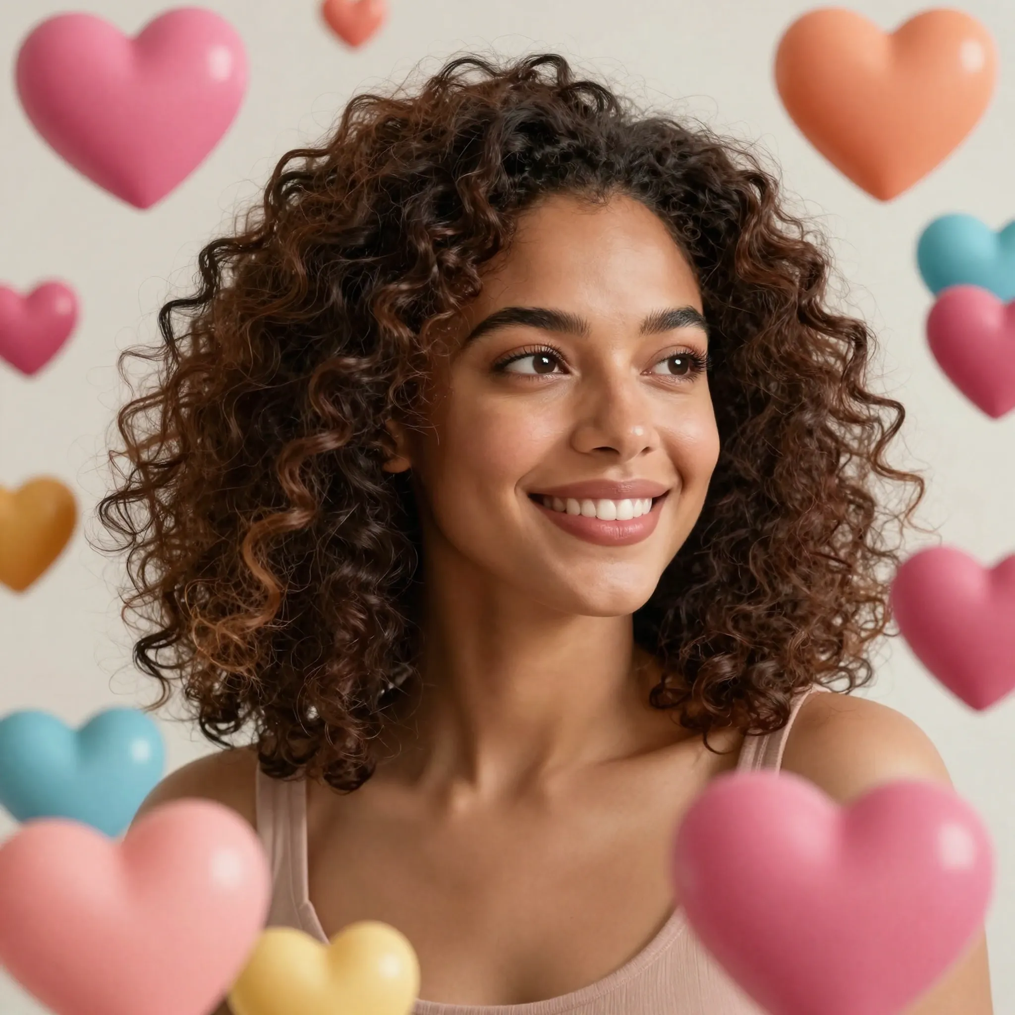Smiling woman surrounded by colorful heart shapes, symbolizing self-love, joy, and choosing yourself.