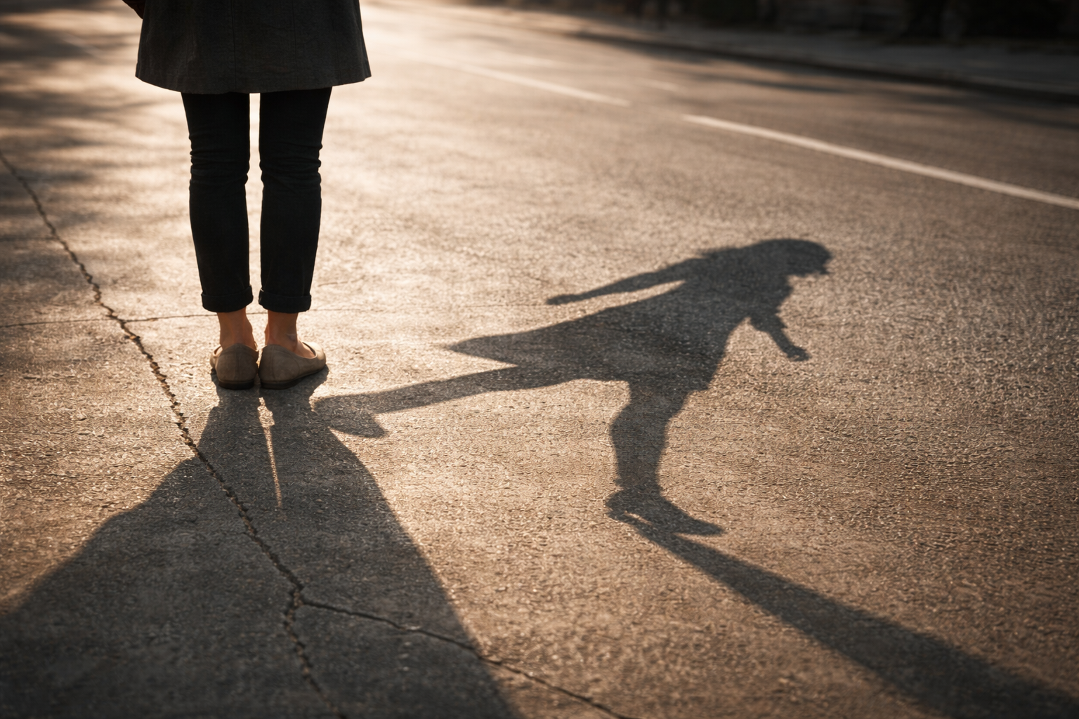 Woman standing still on a sunlit street while her shadow appears mid-stride ahead of her.