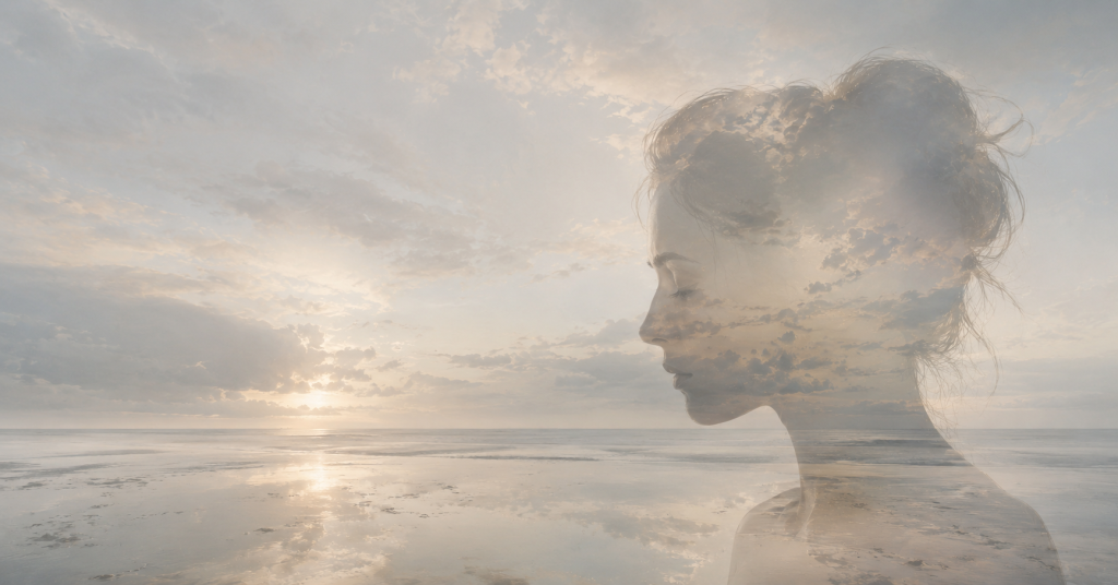Abstract image of a reflective woman blended with ocean waves and clouds, representing self-reflection, inner dialogue, personal growth, and the quiet negotiations we make with ourselves.