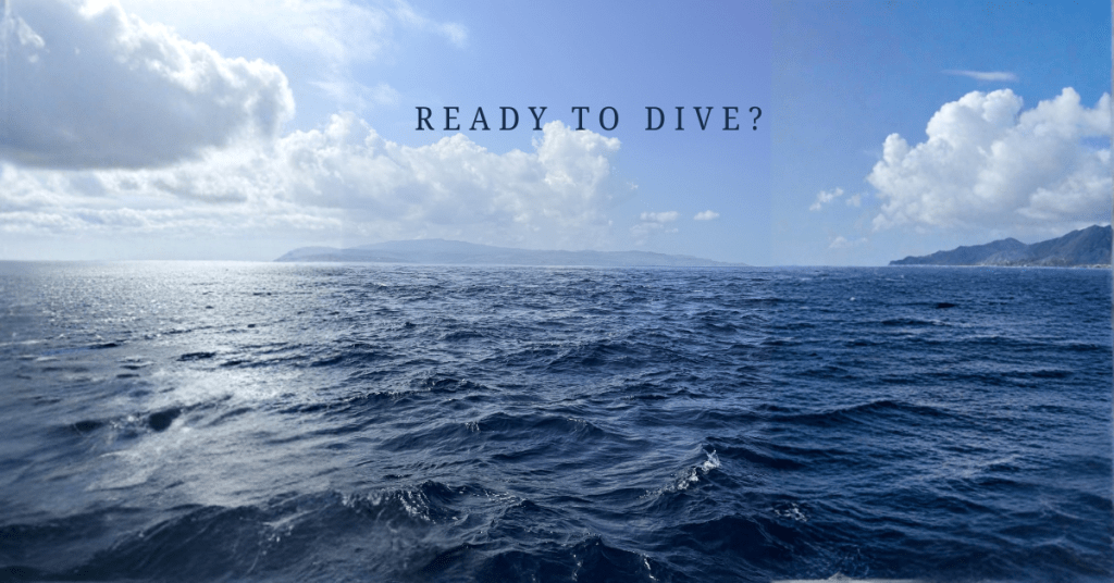 A calm ocean with a distant shoreline beneath a bright blue sky, overlaid with the title "The Moment Before Everything Changes" from the Ready to Dive series about embracing change and living beyond certainty.