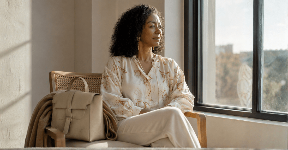 Black woman looking thoughtfully out a window while reflecting on financial decisions, responsibility, and helping others.